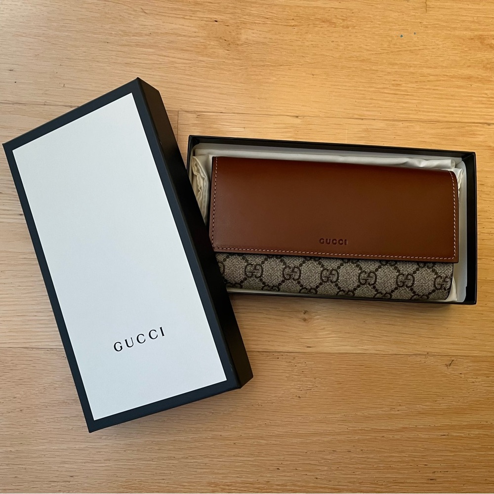 Gucci GG Supreme Canvas & Leather Long Wallet - Brown